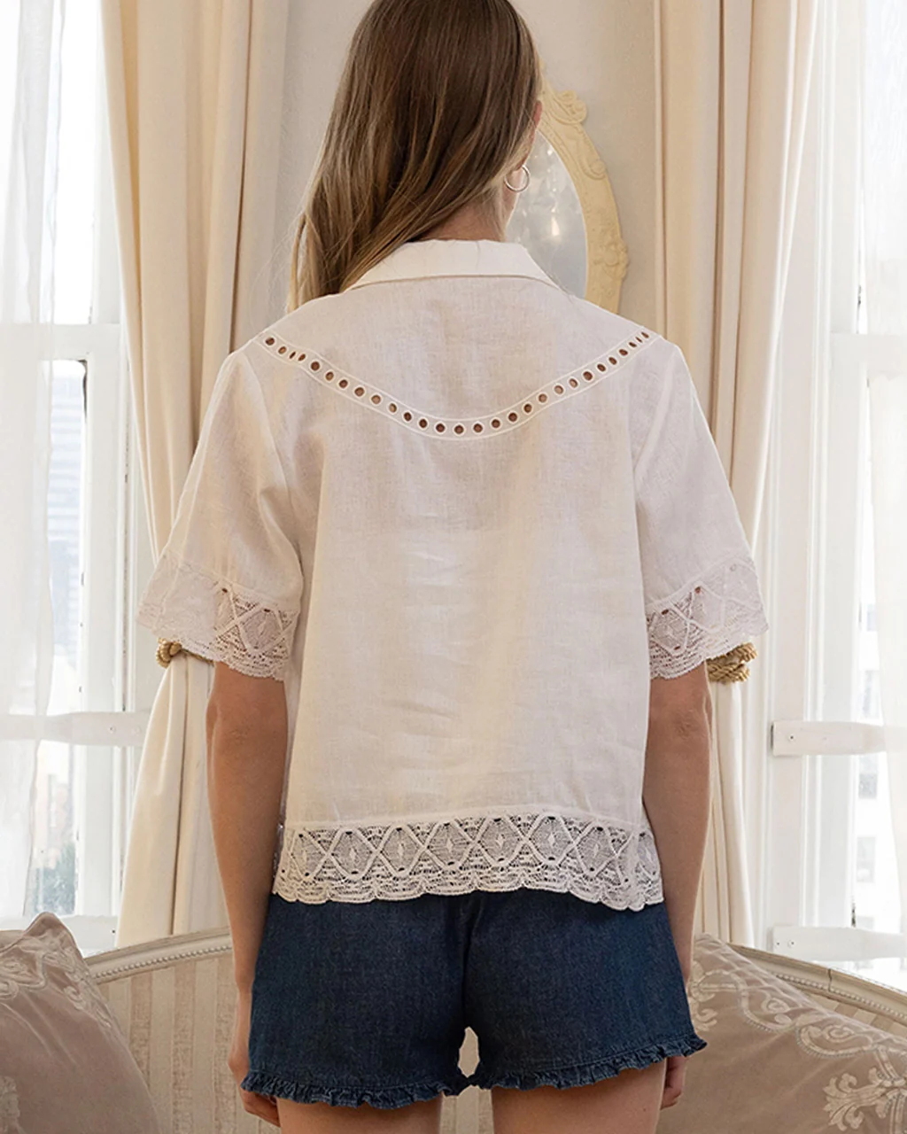 Embroidered Lace Trim Button Blouse - Ivory - Image 3
