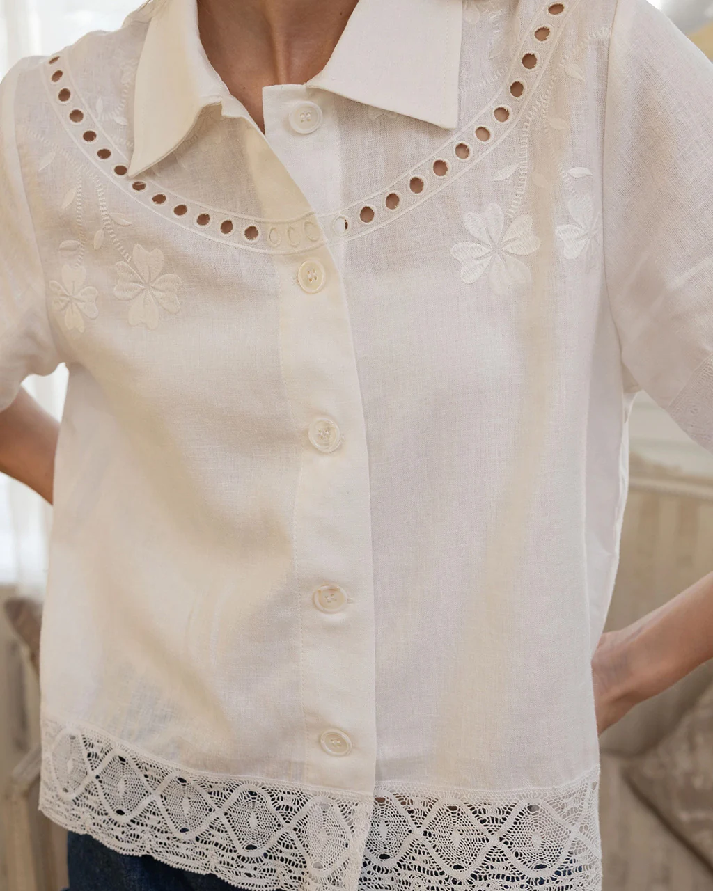 Embroidered Lace Trim Button Blouse - Ivory - Image 5