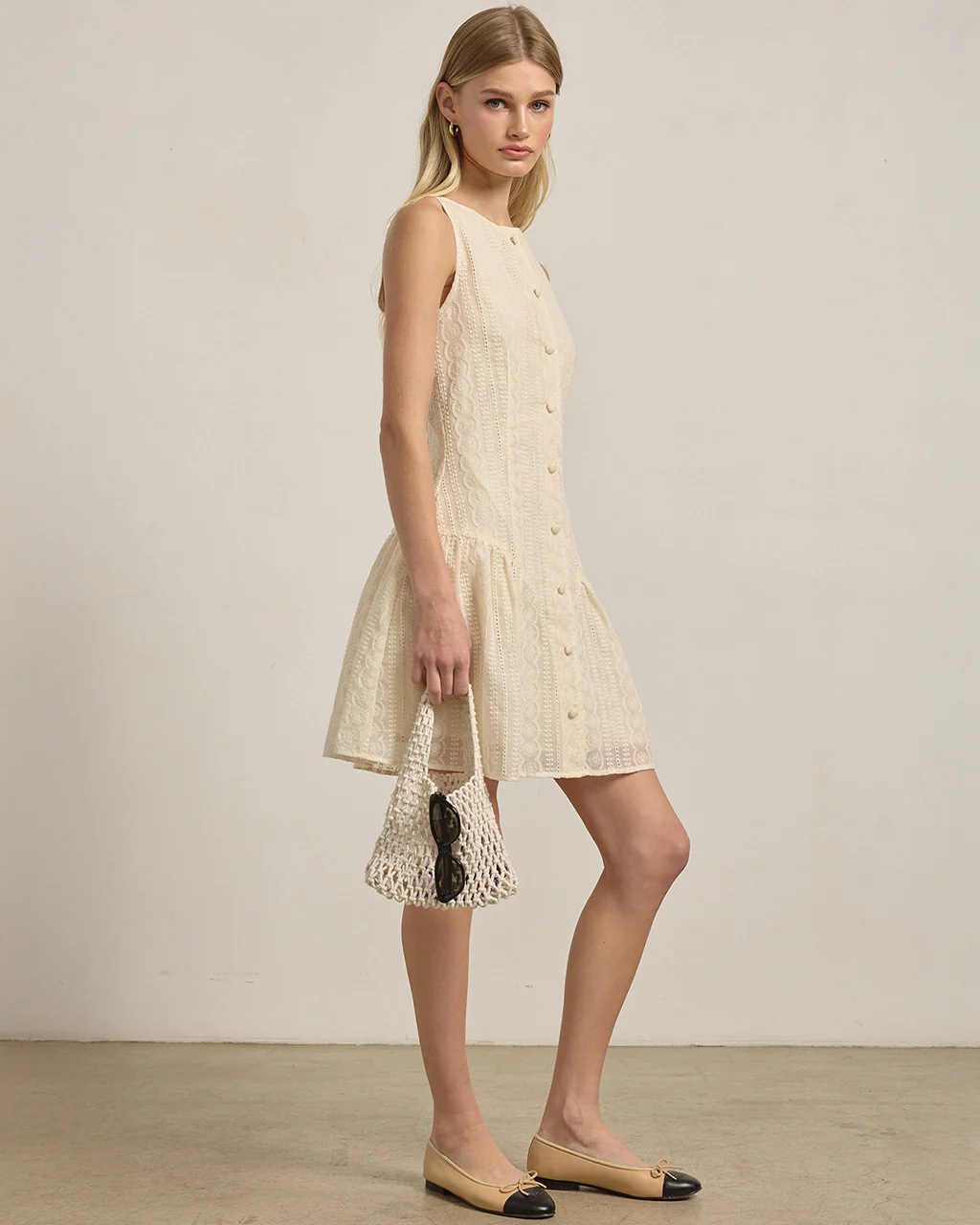 Lace Mini Dress With Faux Button Detail - Cream - Image 3