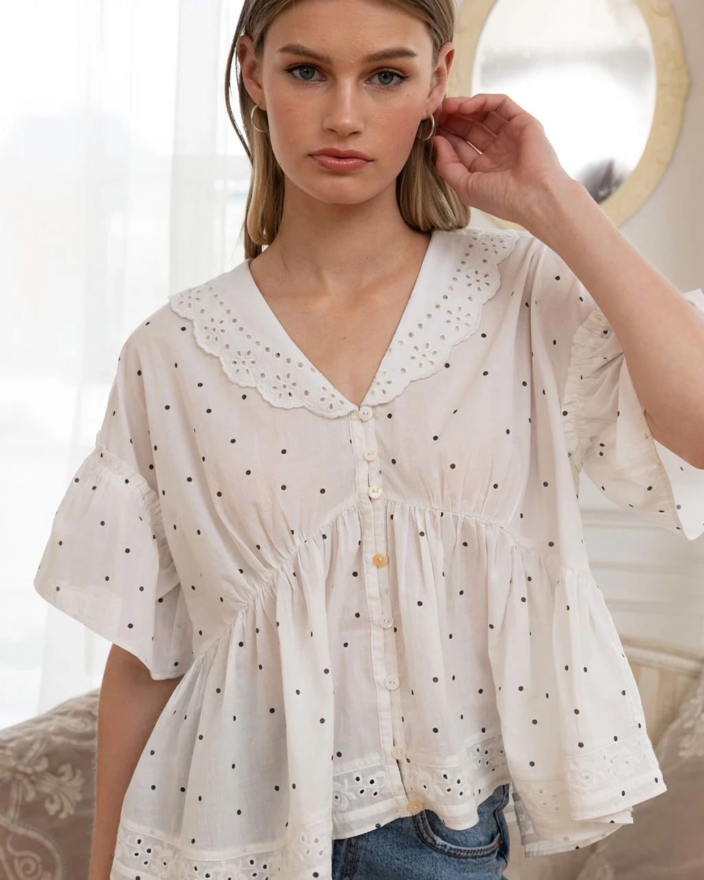 Polka Dot Eyelet Collar Blouse - Image 3